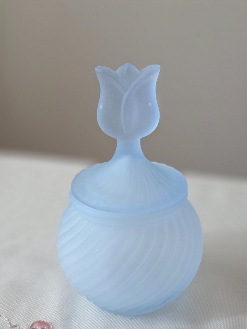 Vintage Blue Frosted Glass Tulip Trinket Box
